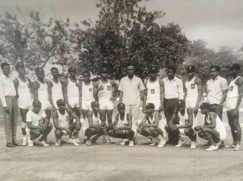 Mr P O Adewole principal (1964-1972) with the school's sports team at the Aionian games that was hosted by Imade College Owo in 1968.